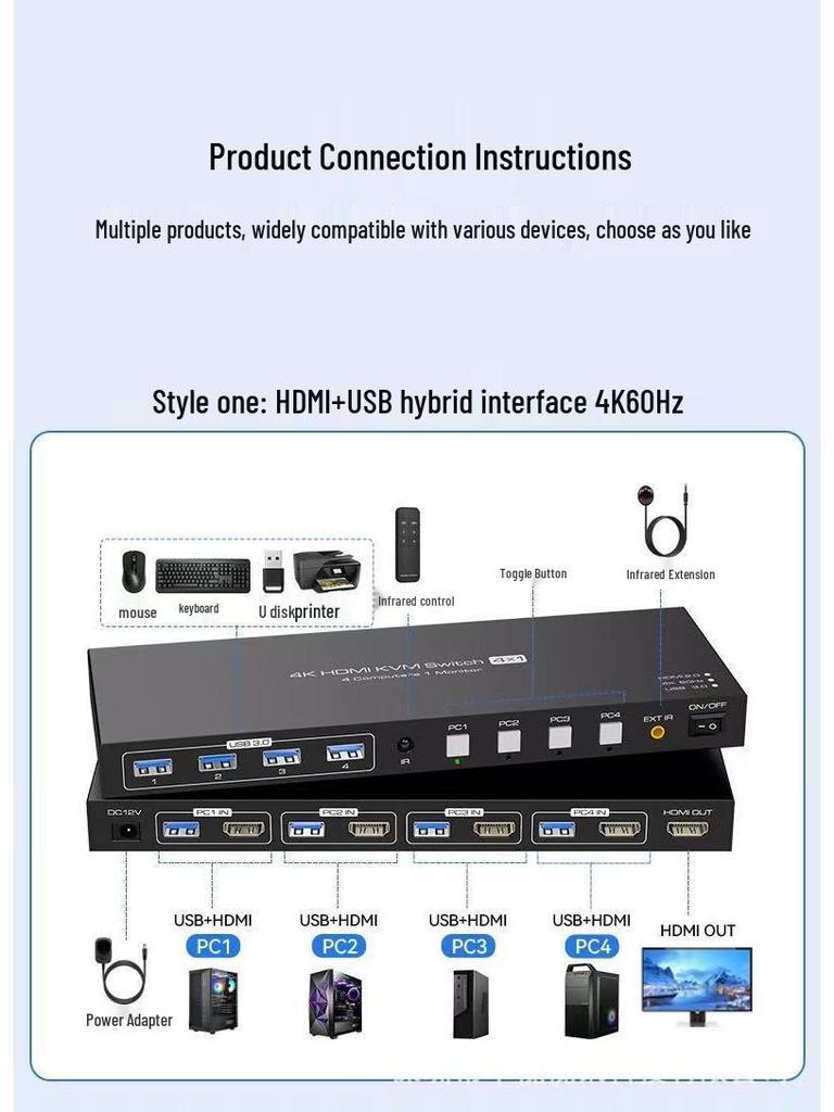 8K HDMI/DP KVM-переключатель 4x1 - Управление мышью и клавиатурой для четырех компьютеров