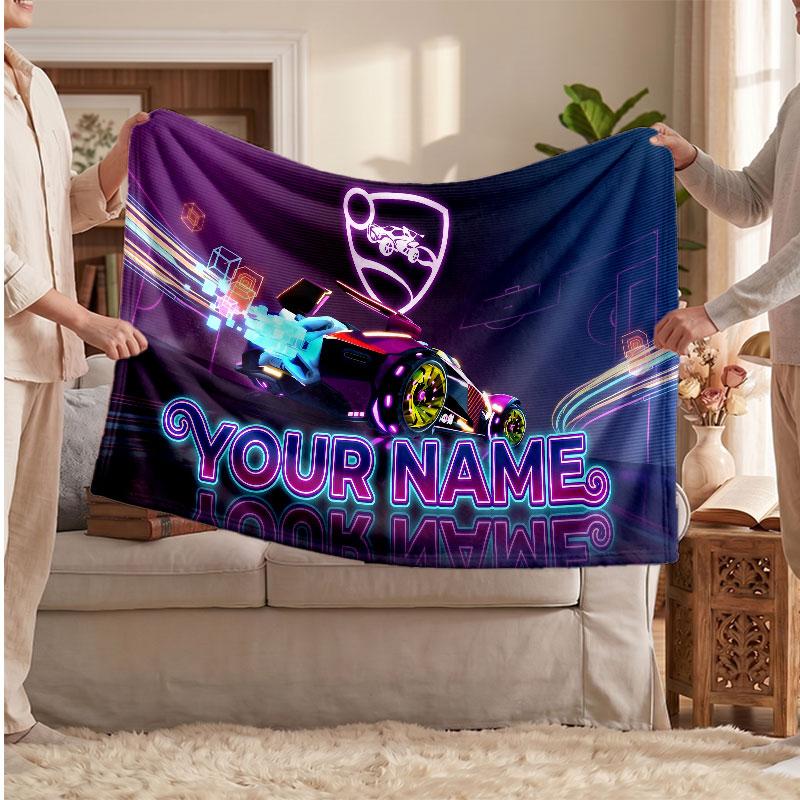Rocket League Personalized Flannel Blanket, Custom Printed Text Name, Warm Soft Blanket For Couch Bed