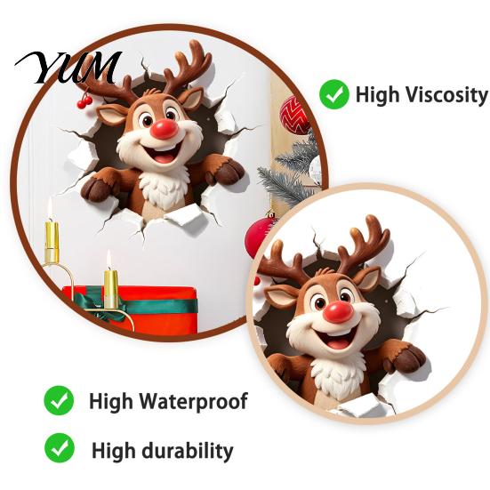 Creative Gifts for Friends Christmas Reindeer Wall Decal, 3D Hole Illusion Red Nose Rudolph Sticker, Easy Apply Decals Peel And Stick Waterproof