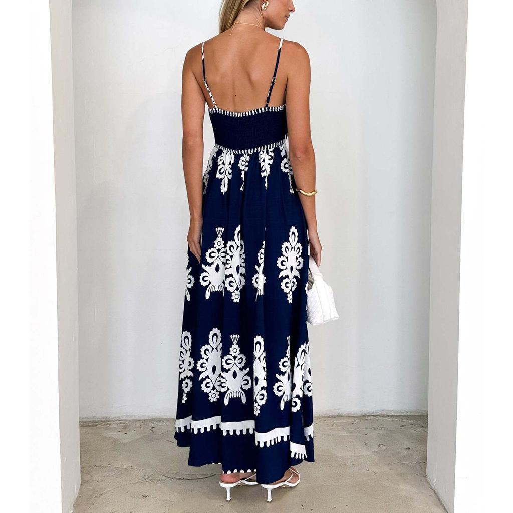 Женское модное летнее пляжное платье с принтом, длинное платье в стиле бохо на бретелях