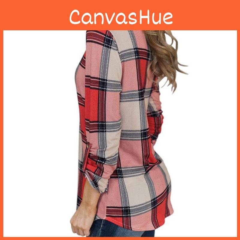 Women Vintage V-neck Loose Tops Long Sleeve Stylish T-shirt With Plaid Casual Design