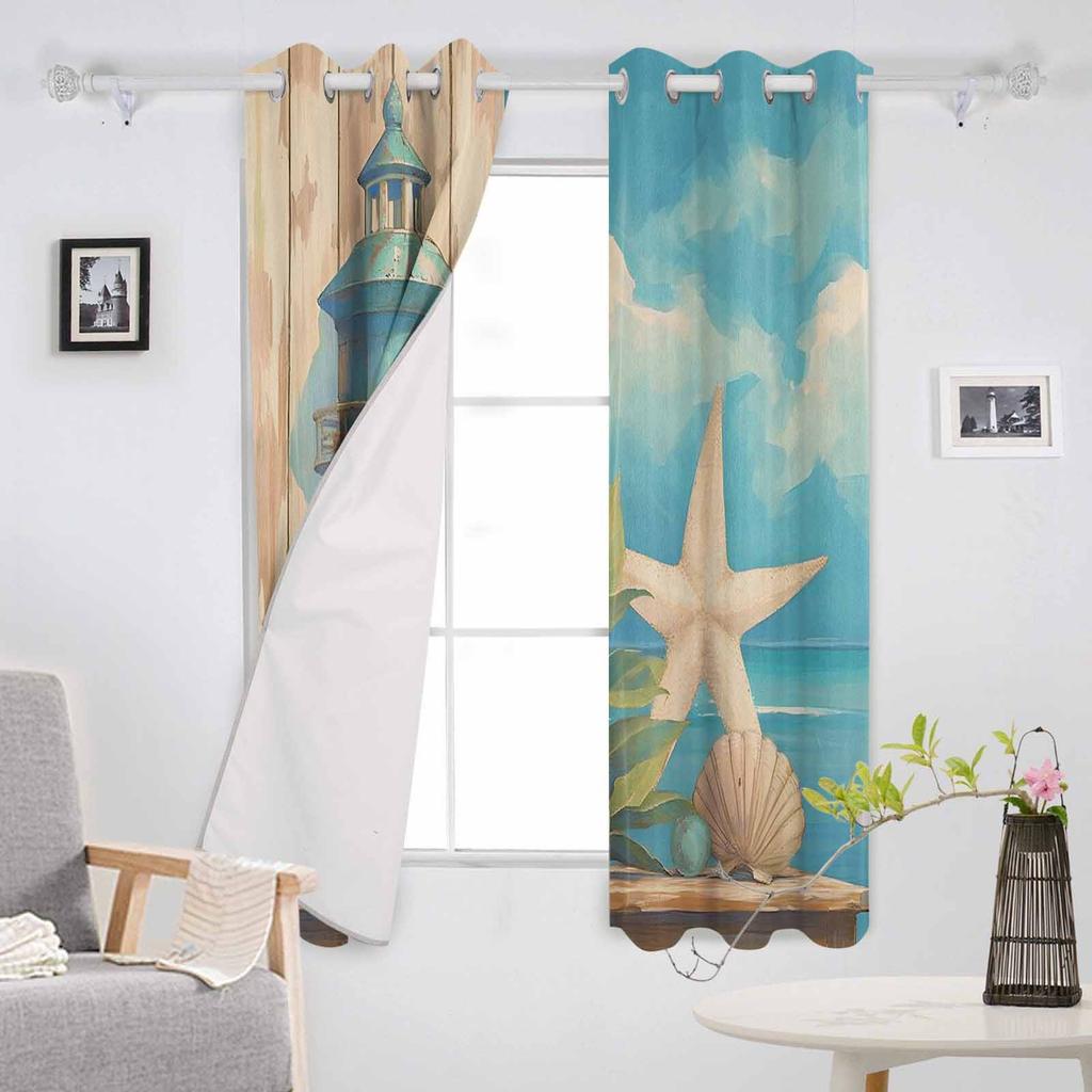 Ocean Beach Lighthouse Starfish Shell Plants Sky Blackout Curtains For Living Room Bedroom Window Treatment Blinds Drapes