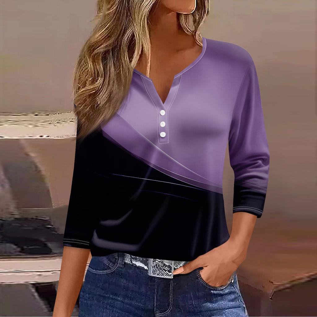 Жен. Футболка Футболка С принтом Пуговицы Рукав 3/4 Повседневные Выходные Мода Классический V-образный вырез Обычный Топ