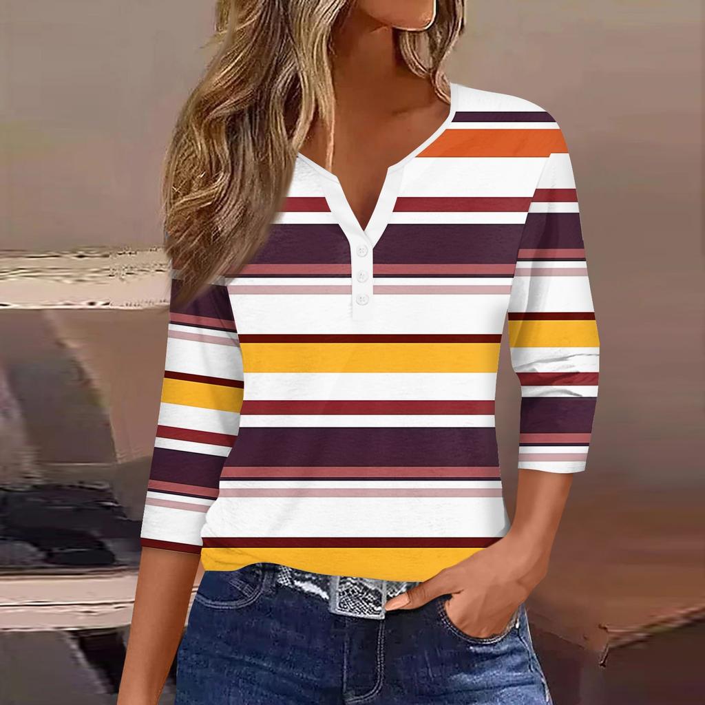 Women's Fashion Casual Striped Print V-Neck Decorative Button Three-quarter Sleeve T-Shirt Top