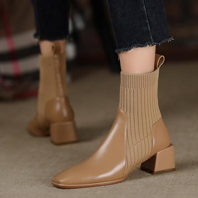Короткие сапоги на среднем каблуке, женские осенне-зимние модные эластичные вязаные носки, повседневная обувь без шнуровки с квадратным носком, женские ботинки черного цвета