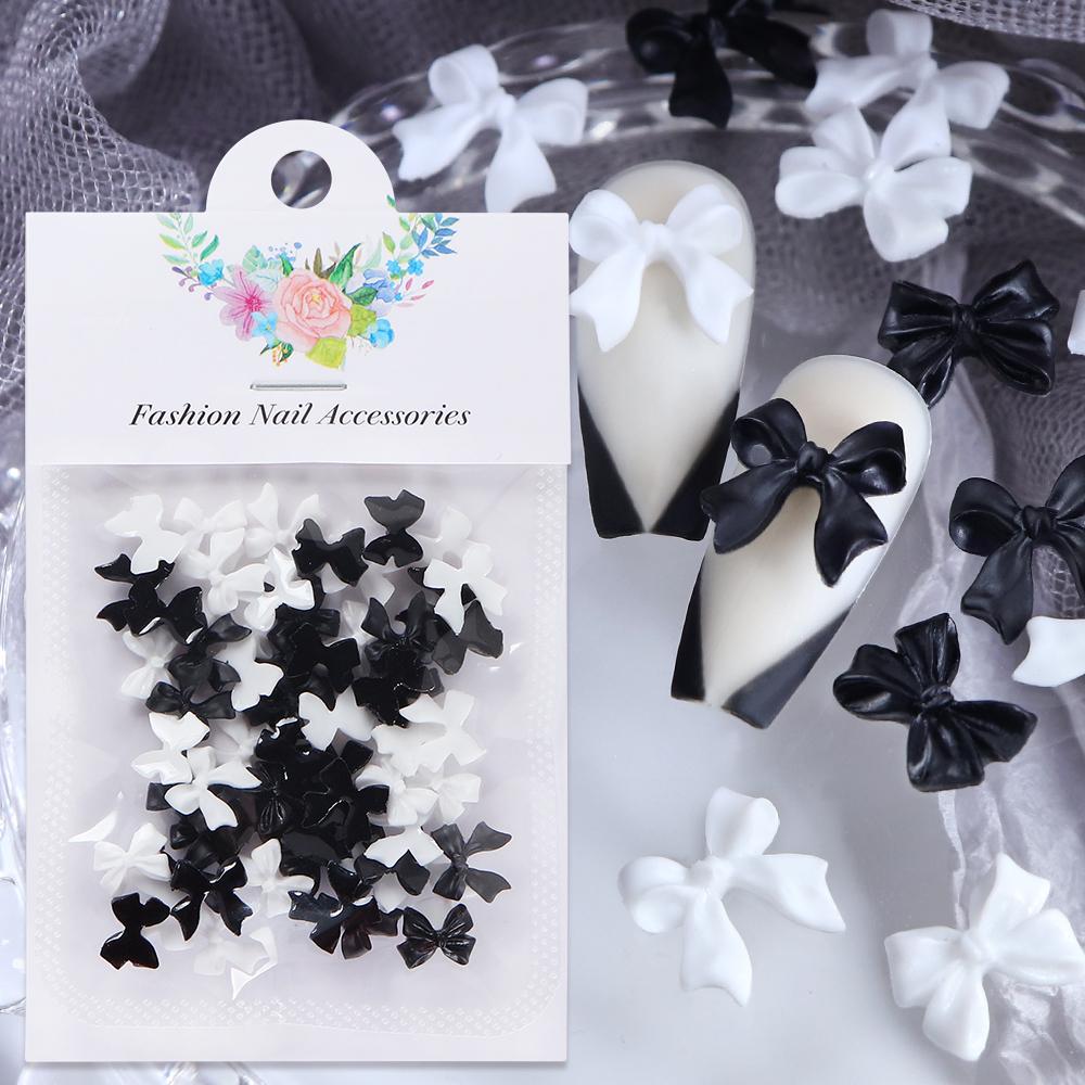50Pc Black White Resin Bow Tie Nail Charms Decorations Cute Bowknot Rhinestone Nails Accessories for DIY Korean Manicure Designs