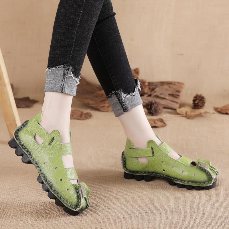 Summer Retro Handmade Genuine Leather Women Shoes Soft Flat Shoes Hollow Casual Women Sandals