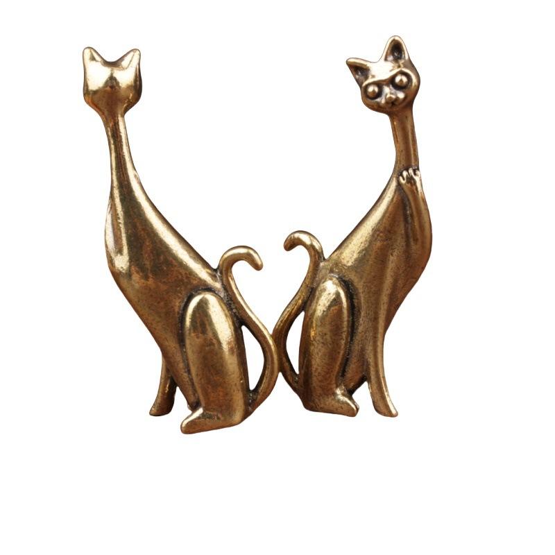 Brass Long Neck Cat Ornament Chinese Retro Handicraft Small Copper Abstract Ornament Figurines Bedroom Desktop Ring Storage Rack
