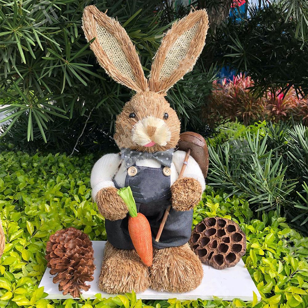 35cm Easter Straw Rabbit Woven Bunny Easter Decoration Sculpture Yard Party Home Easter Ornament Statuette Decoration