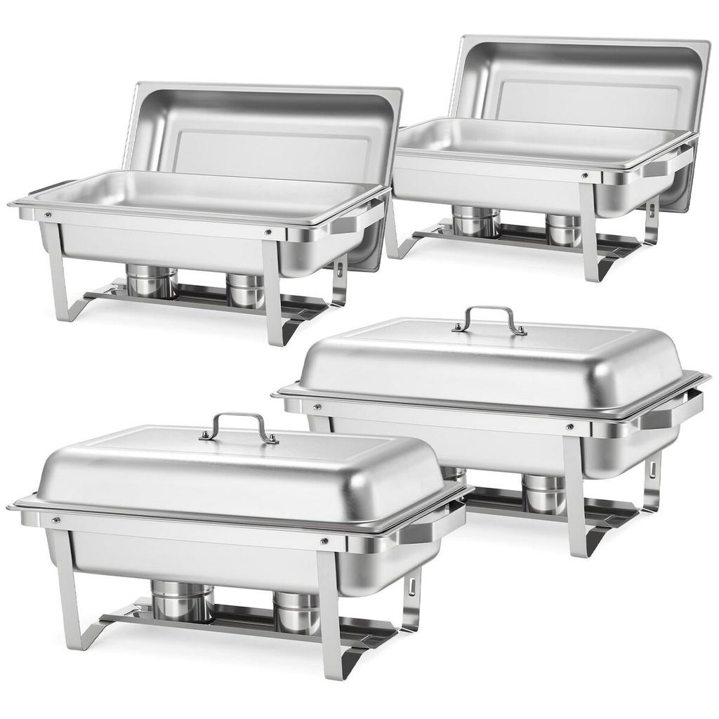 Rectangle Chafing Dish, 9.91L 4 Pack Stainless Steel Chafing Dish, Food Warmer Chafer Complete Set with Hollow Handle, 2 Food Tongs, Lid, Fuel Holder,