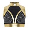 Детская танцевальная одежда Кроп-топ с воротником-стойкой Без рукавов Вырез на спине Блестящие стразы Металлик