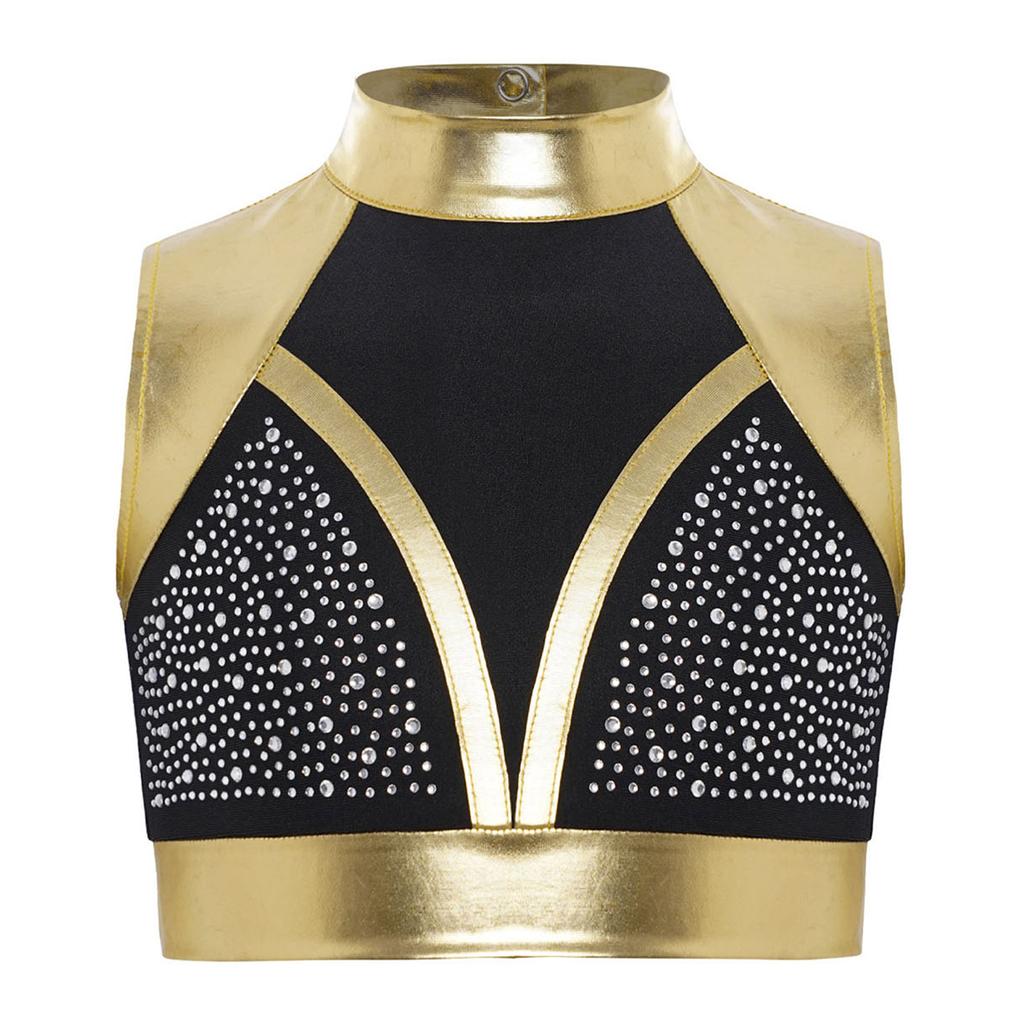 Детская танцевальная одежда Кроп-топ с воротником-стойкой Без рукавов Вырез на спине Блестящие стразы Металлик