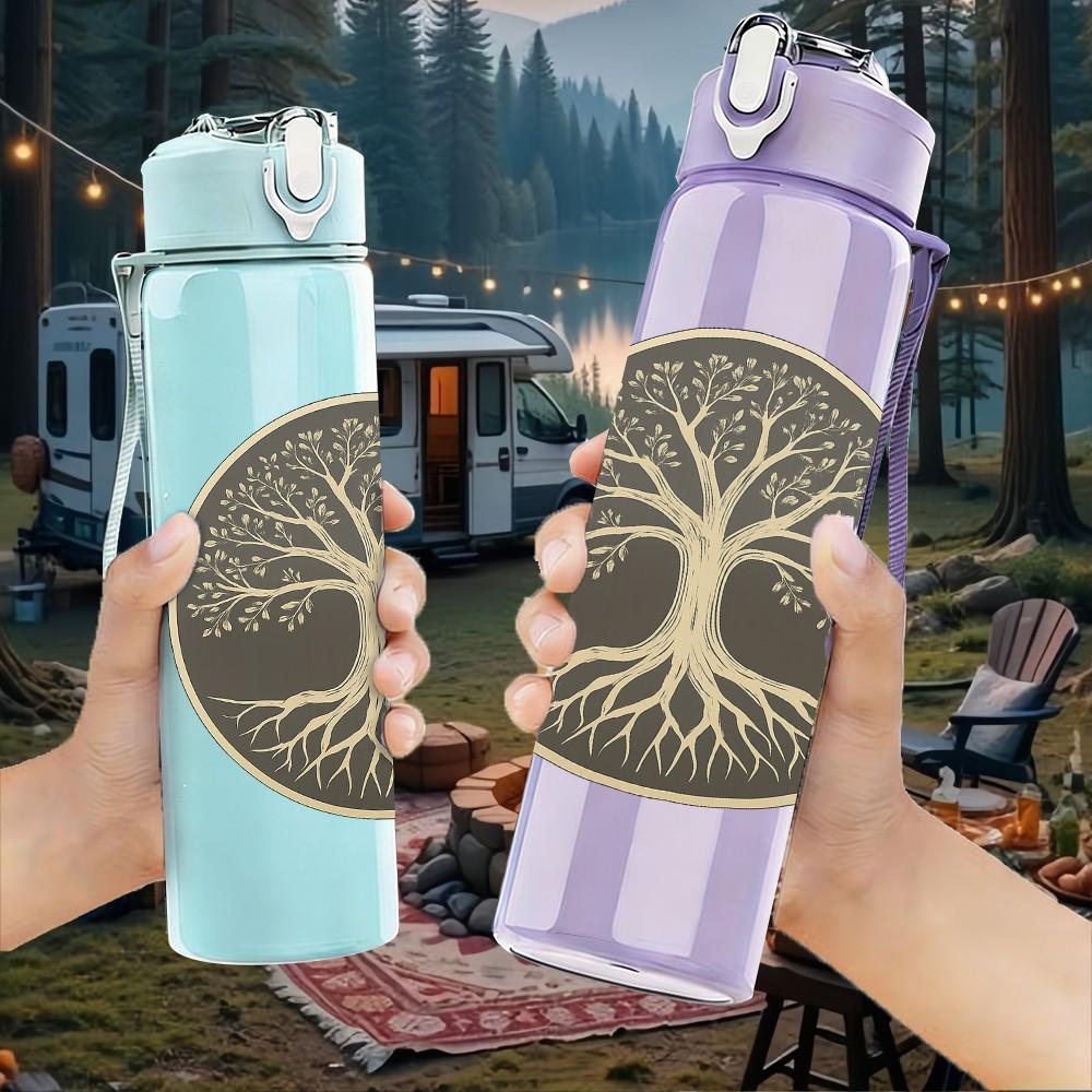 1PC Tree Of Life Circle Art 750ml Color Plastic Sports Water Bottle Leakproof Flip Straw Lid Suitable for Sports Office Home Use