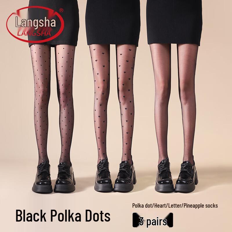 LANGSHA Women's Sexy Black Sheer Pantyhose with Polka Dot & Heart Patterns