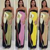Women Maxi Dress Off Shoulder Sleeveless Backless Color Matching Print Slim Fit Straight Bandeau Anti-slip Prom