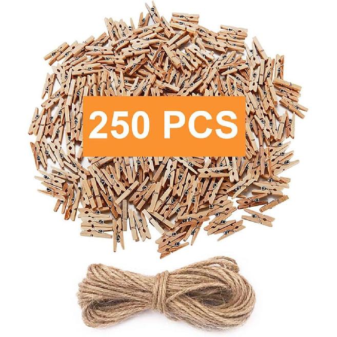 Mini Clothesp, Mini Natural Wooden Clothesp with Jute Twine, Multi-Function Clothesp Photo Paper Peg Pin Craft Clips (Natural 250 Pcs)