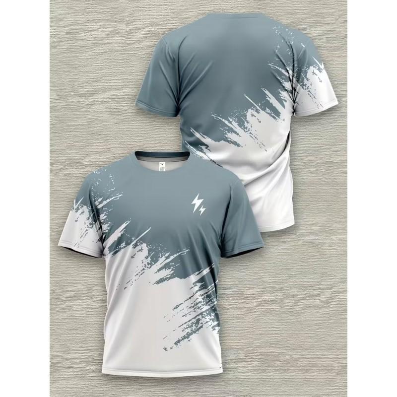 Mens Short Sleeve Round Neck T-Shirt With Bold Lightning Print Quick-Dry Breathable Cotton Blend Slim Fit Daily Wear