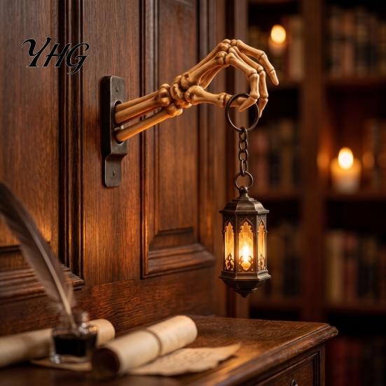 Skeleton Hand Lantern Decor Bookshelf Lantern, Halloween Style Resin Ornament, Handcrafted Sculpture Exquisite Carving Craftsmanship Figurine