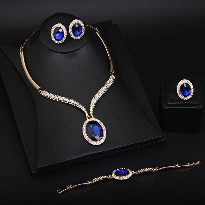 Rhinestone Crystal Big Gem Necklace Earrings Ring Bracelet Four-Piece Women'S Accessories