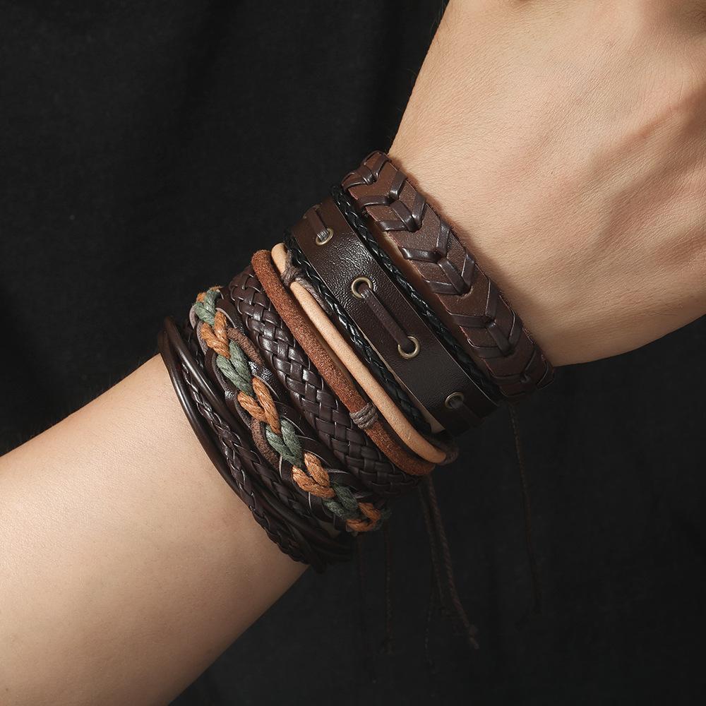 6Pcs Leather Bracelet Retro Punk Jewelry Set Adjustable Fashionable Leather Woven Rope Bracelet