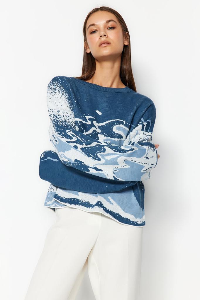 Women's Fashionable Stylish Sweater Yellow Patterned Crew Neck Knitwear Sweater