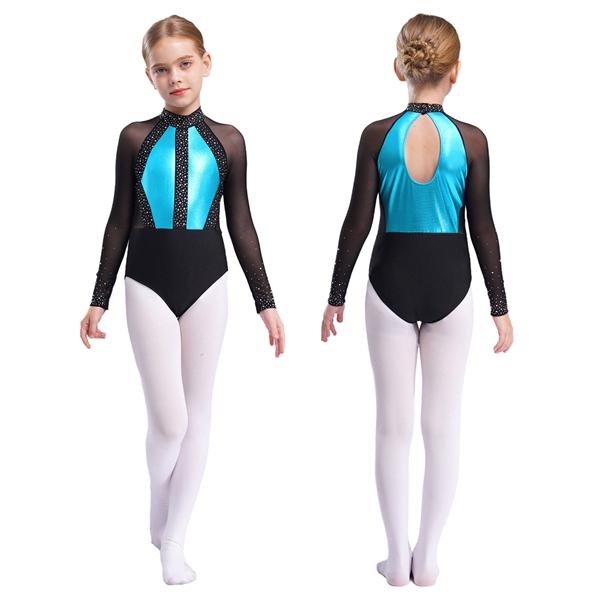 Kids Figure Skating Dress Shiny Rhinestone Ballet Lyrical Dance Costume Rhythmic Gymnastics Leotard Athletic Bodysuit