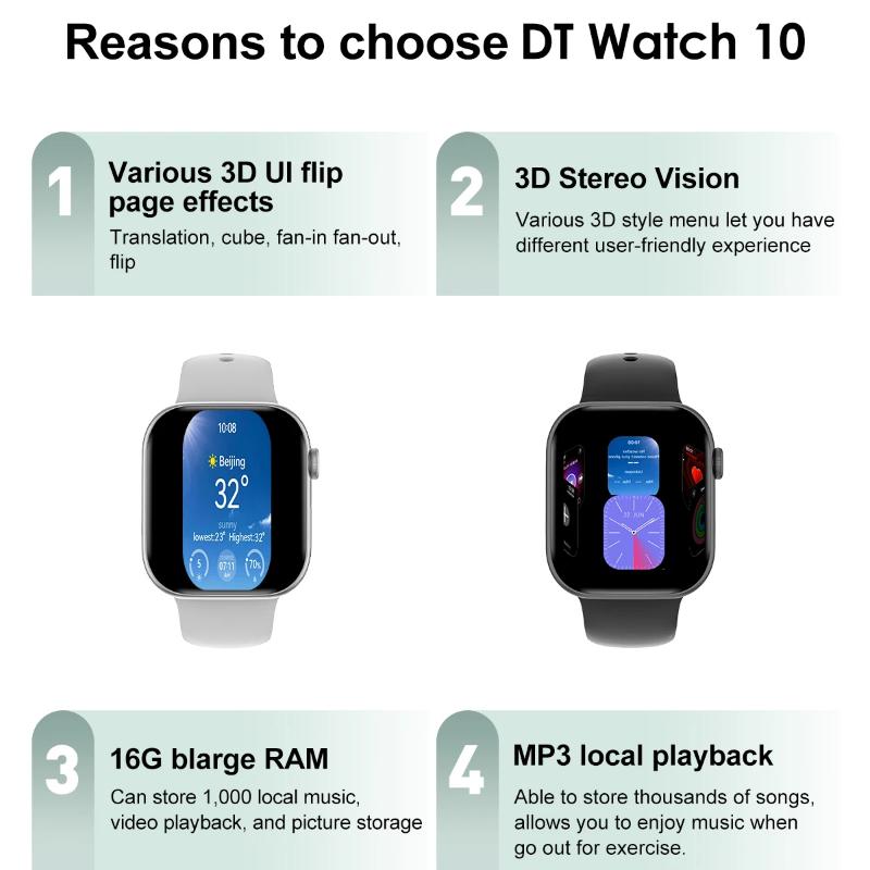 2025 New DT Watch 10 Smart Watch Men Women 3D Menu 16GB Large Memory TWS Headphones Video Playback NFC Smart Watch for Apple