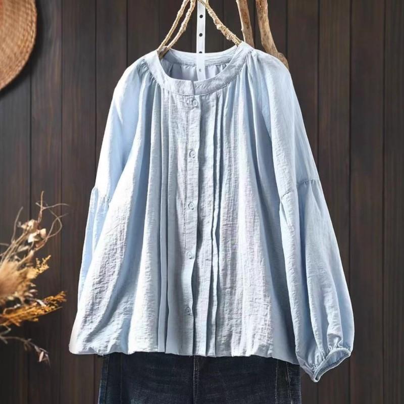 Johnature Women Spring Vintage Shirts Button Solid Color Blouses Loose O-Neck Long Sleeve Casual Female Shirts