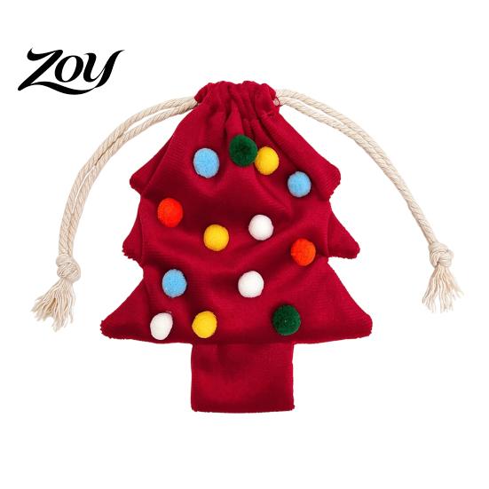 Cute Fur Ball Bell Ornaments Christmas Tree Drawstring Gift Bag, Plush Pom Hanging Reusable Xmas Decorations Ornament, Candy Pouch Decor for