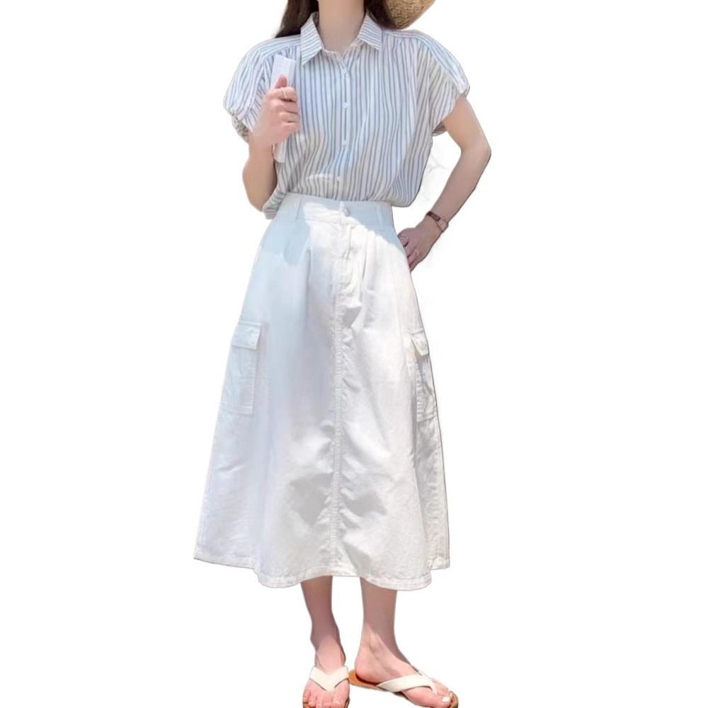 Streetwear Striped Blue Shirt For Women With Short Sleeves And V Neck For Summer Casual Wear