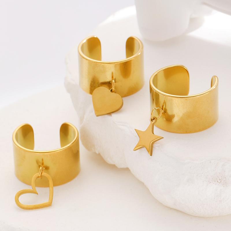 French Retro Stainless Steel Heart-Shaped Hollow Pendant Ring for Women Fashion Metal Five Pointed Star Chic Finger Ring Jewelry