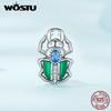 925 Sterling Silver Green Enamel Wings Blue Zircon Beetle Bead Charms for Women Bangle and Bracelet DIY Jewelry