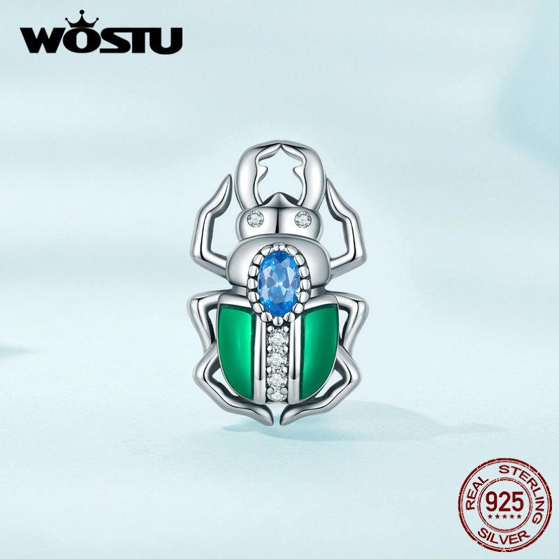 WOSTU 925 Sterling Silver Green Enamel Wings Blue Zircon Beetle Bead Charms for Women Bangle and Bracelet DIY Jewelry