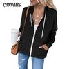 Autumn Women's Solid Colour Long Sleeve Pocket Drawstring Hooded Zip Thickened Sweatshirt