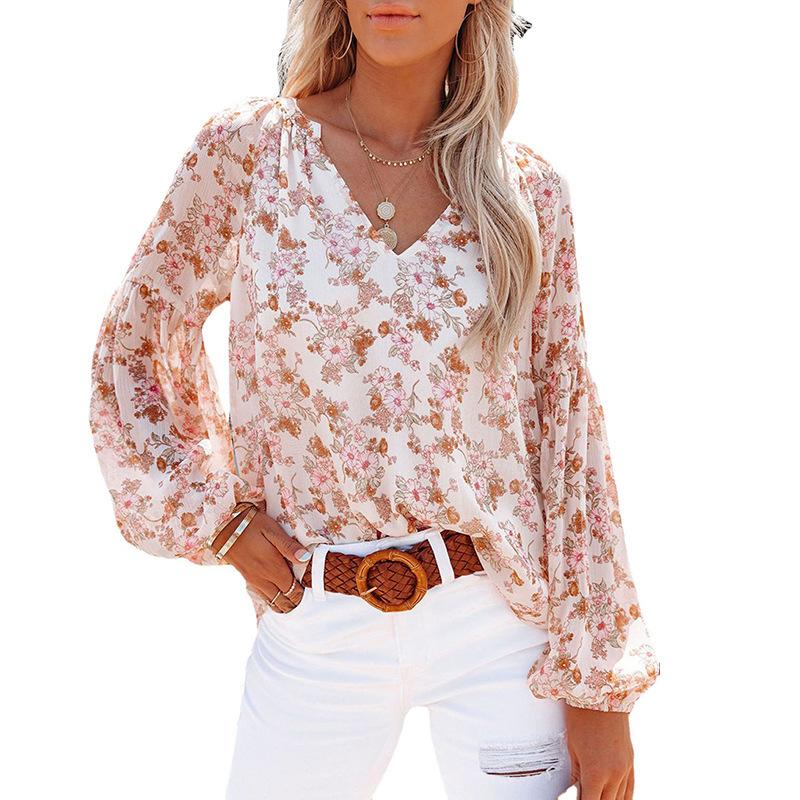 Fashion Women's Casual Tops Spring/Summer V-neck Lantern Sleeve Floral Chiffon Shirt Top with Lining Comfortable and Versatile T-shirt for Ladies