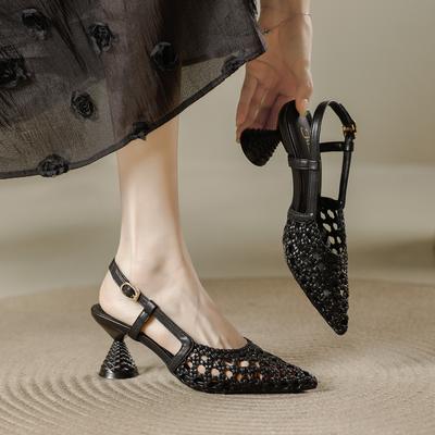 Французские туфли-лодочки на высоком каблуке с плетеным верхом и полыми деталями, летняя новинка, дышащие, с мелким вырезом, элегантные, сандалии с открытым носком для женщин