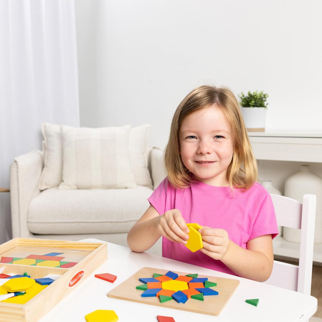 Melissa & Doug Wooden Toy Pattern Blocks with Board, 125 Pieces, Authentic, 29