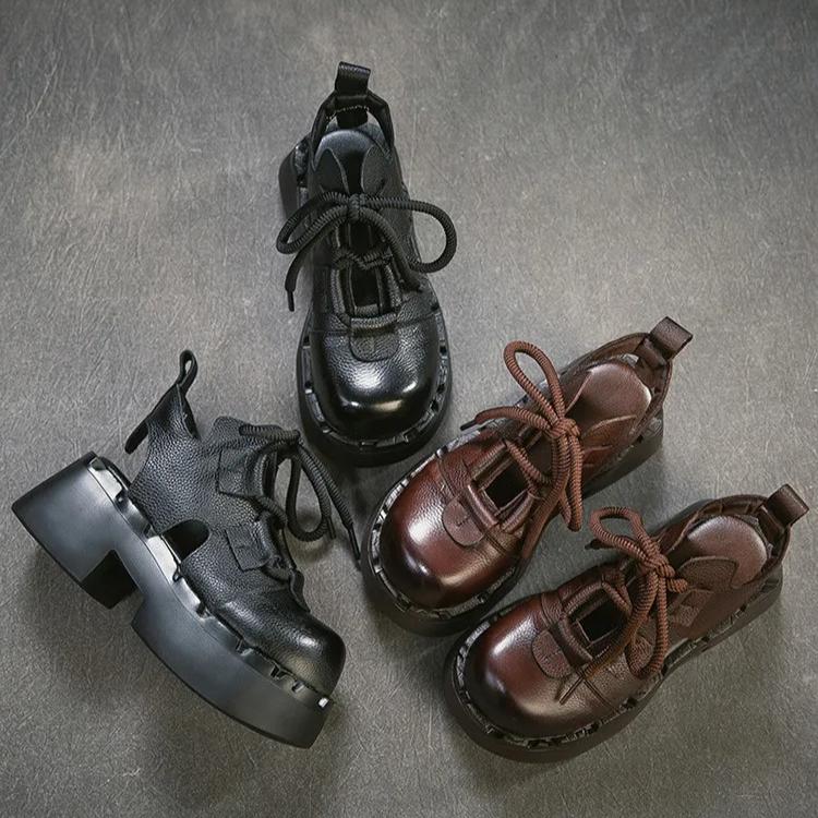 Johnature Ретро Сандалии из Натуральной Кожи с Вырезами Круглый Носок На Шнуровке Толстая Подошва Женская Обувь