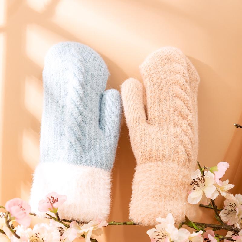 Winter Women Keep Warm Plus Velvet Wrist Thicken Jacquard Twist Wool Knitting Gloves Full Finger Cycling Drive Cute Mittens