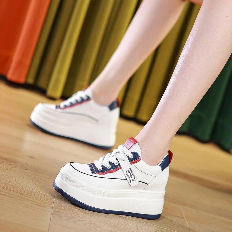 Fujin 9 см, модные массивные кроссовки из микрофибры 2024, модные женские белые весенние туфли на танкетке, осень-лето, вулканизированная обувь