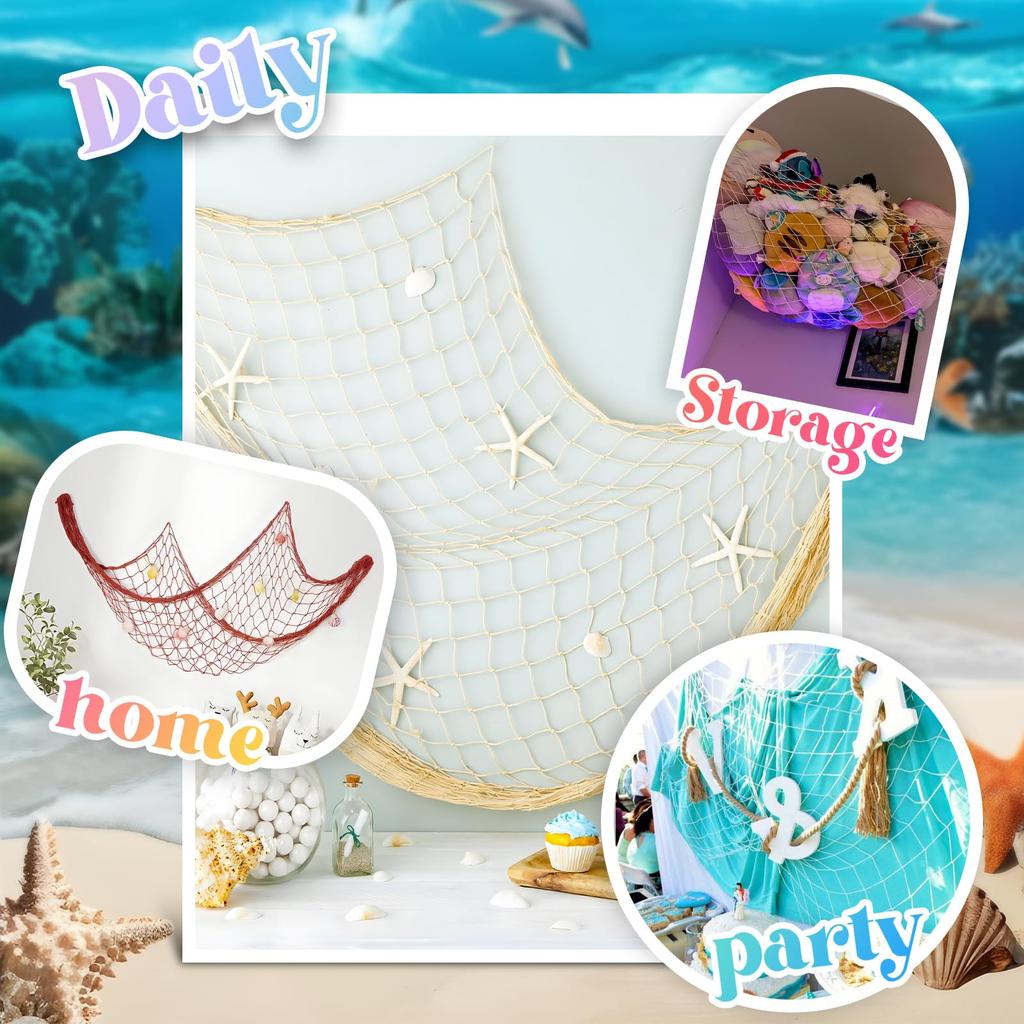 Fish Net Decorations for Party 2mm Natural Cotton Hawaiian Party Fish Net Decorative Nautical Themed Cotton Fishnet Room Under The Sea Ocean Beach
