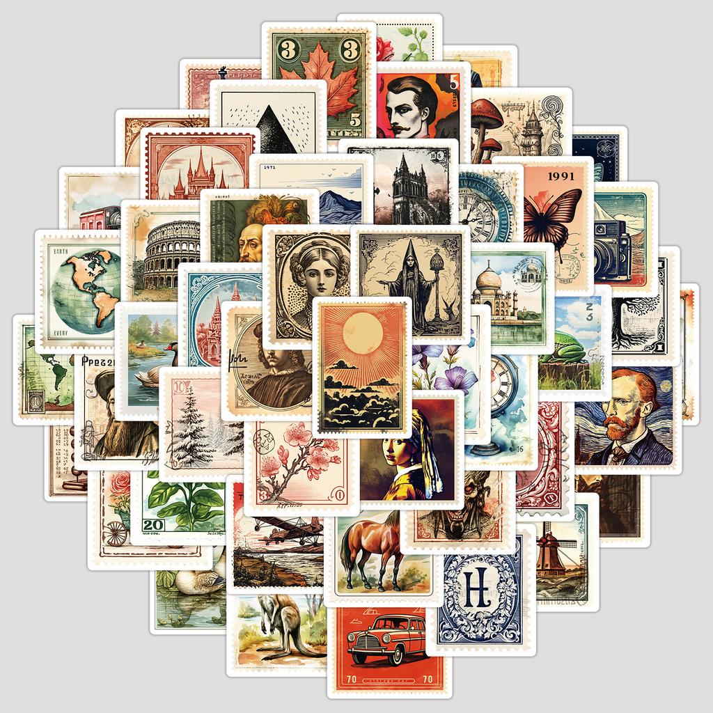 50 Retro Stamp Series Graffiti Stickers DIY Stationery Stickers Water Cup Computer Waterproof Decorative Stickers