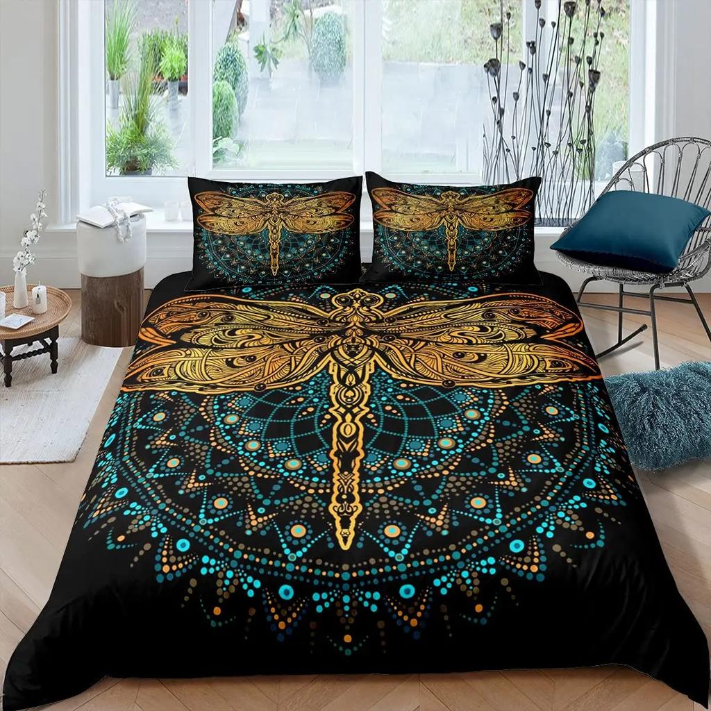 Bohemian Dragonfly Duvet Cover Set King Size Mandala Paisley Bedding Set Purple Tie Dye Iridescent Hippie Polyester Quilt Cover