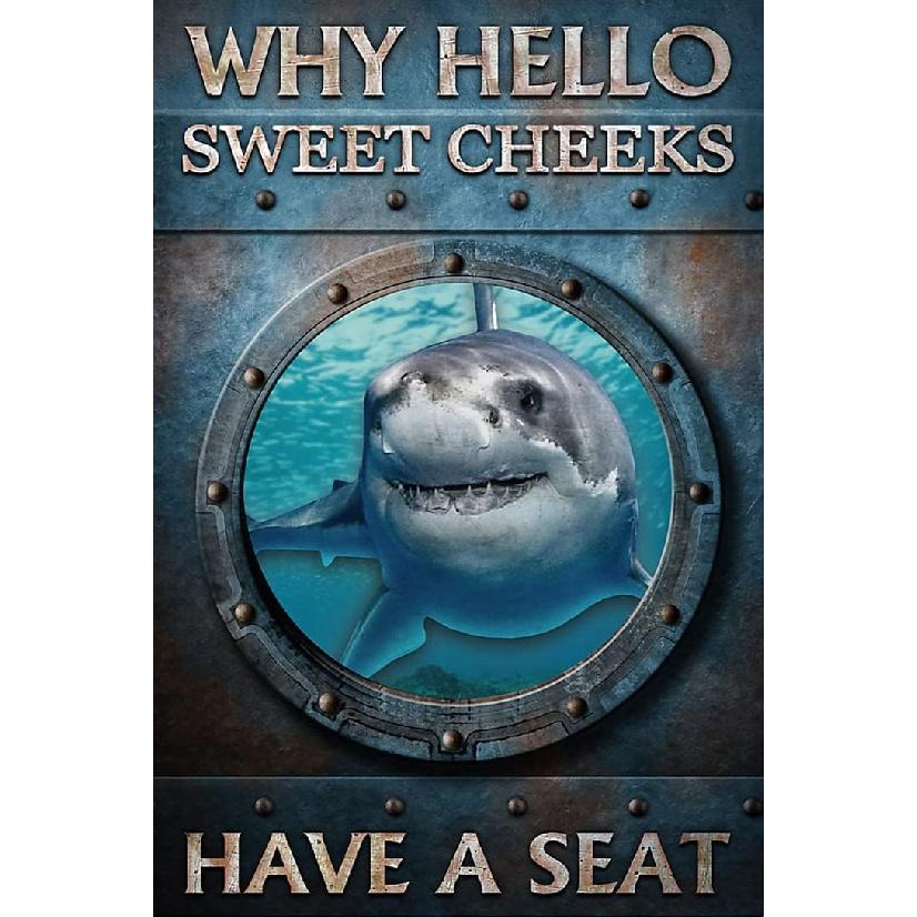 Mocozim Rustic Retro Metal Tin Sign Shark Window Ocean Why Hello Sweet Cheeks Poster Bathroom Signs Wall Decor Vintage Bathroom Retro Farmhouse Home
