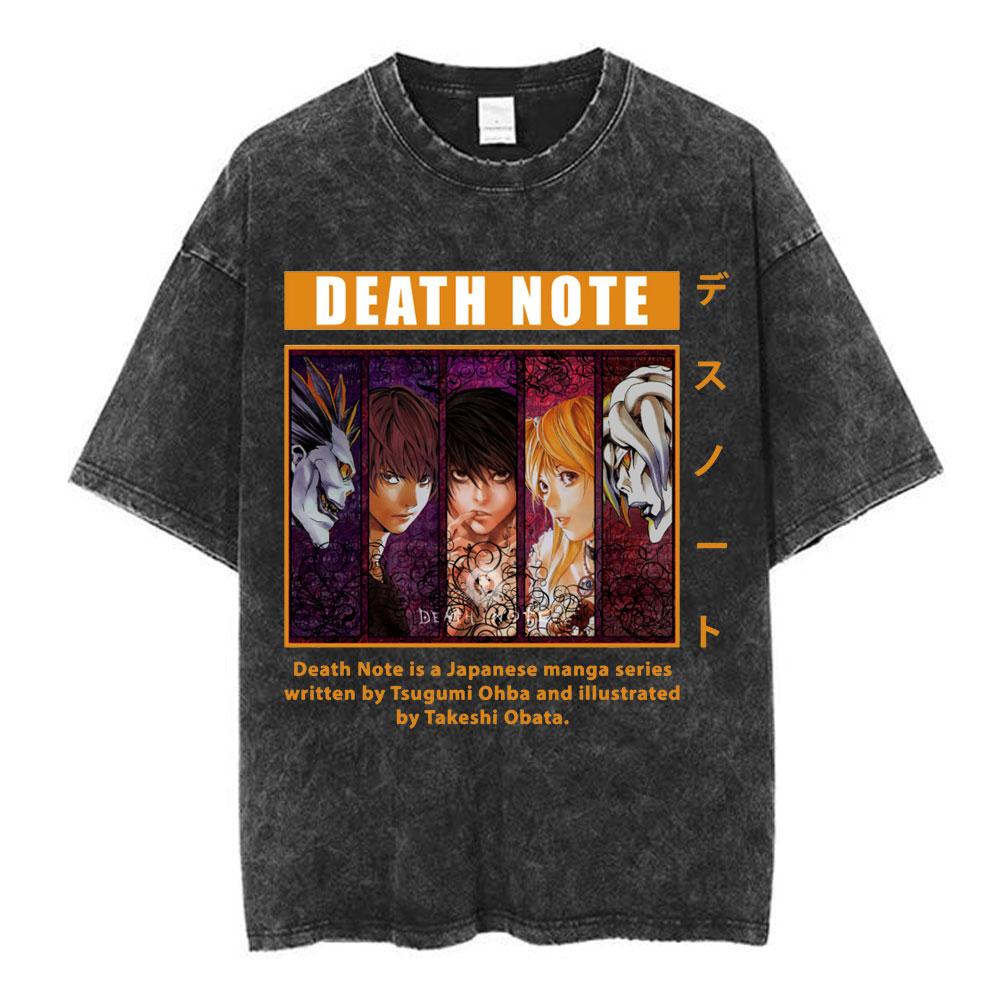 Винтажная стираная аниме манга Т-shirt с логотипом Death Note Мужская Женская Печатная футболка Летняя Повседневная Модная одежда Топы Высокое качество Streetwear