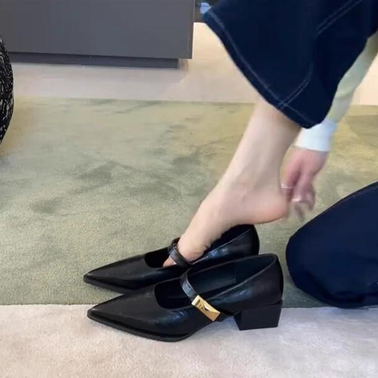 Версия из мягкой кожи~ туфли Мэри Джейн на толстом каблуке с острым носком на одной педали с неглубоким вырезом, однословные, с французским офисным темпераментом, одинарные туфли с неглубоким вырезом