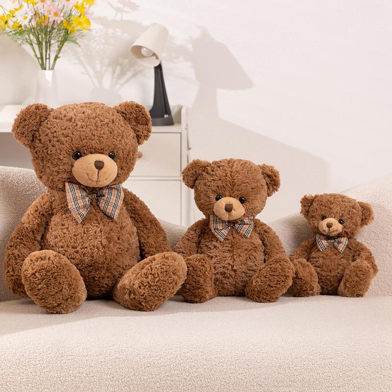 Kawaii Bow Tie Bear Doll Plush Toy Brown Hug Pillow for Home Living Room Bedroom Birthday Gift Soft Stuffed Bear