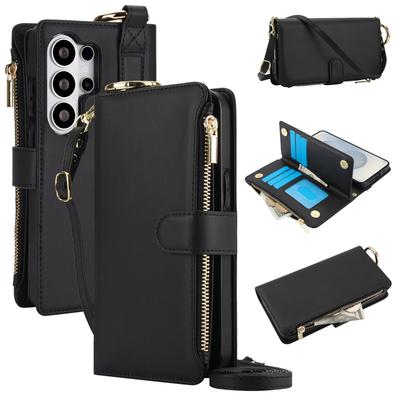 Роскошный чехол-кошелек на молнии из ПУ-кожи для Samsung Galaxy S22 S23 S24 S25 S26 Ultra Plus со съемным ремешком через плечо и держателем для карт