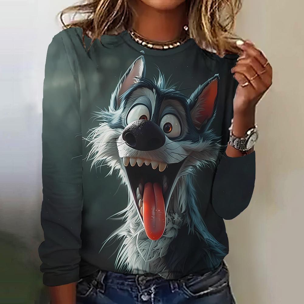 Женская футболка с рисунком милого щенка из мультфильма, ультратонкая, дышащая, с круглым вырезом и длинными рукавами, повседневный домашний свитер