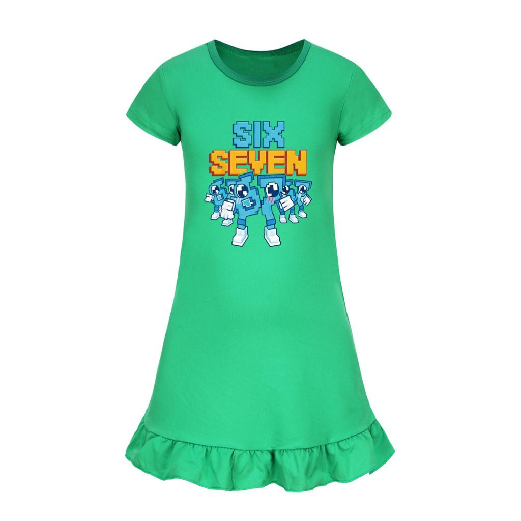 5195 Kids Girls Steal a Brainrot 67 Six Seven Printed Ruffle Short Sleeves Casual Dress